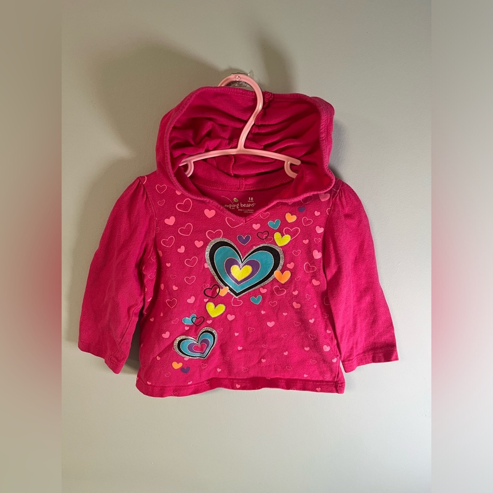 Jumping Beans Heart Print Pink Long Sleeve Hooded Shirt, Baby Girl 18months